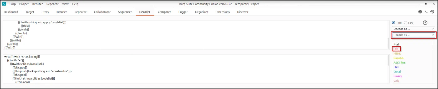 URL-encoding the payload in Burp Decoder.