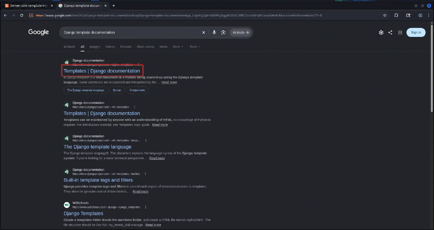 Searching for the Django template documentation