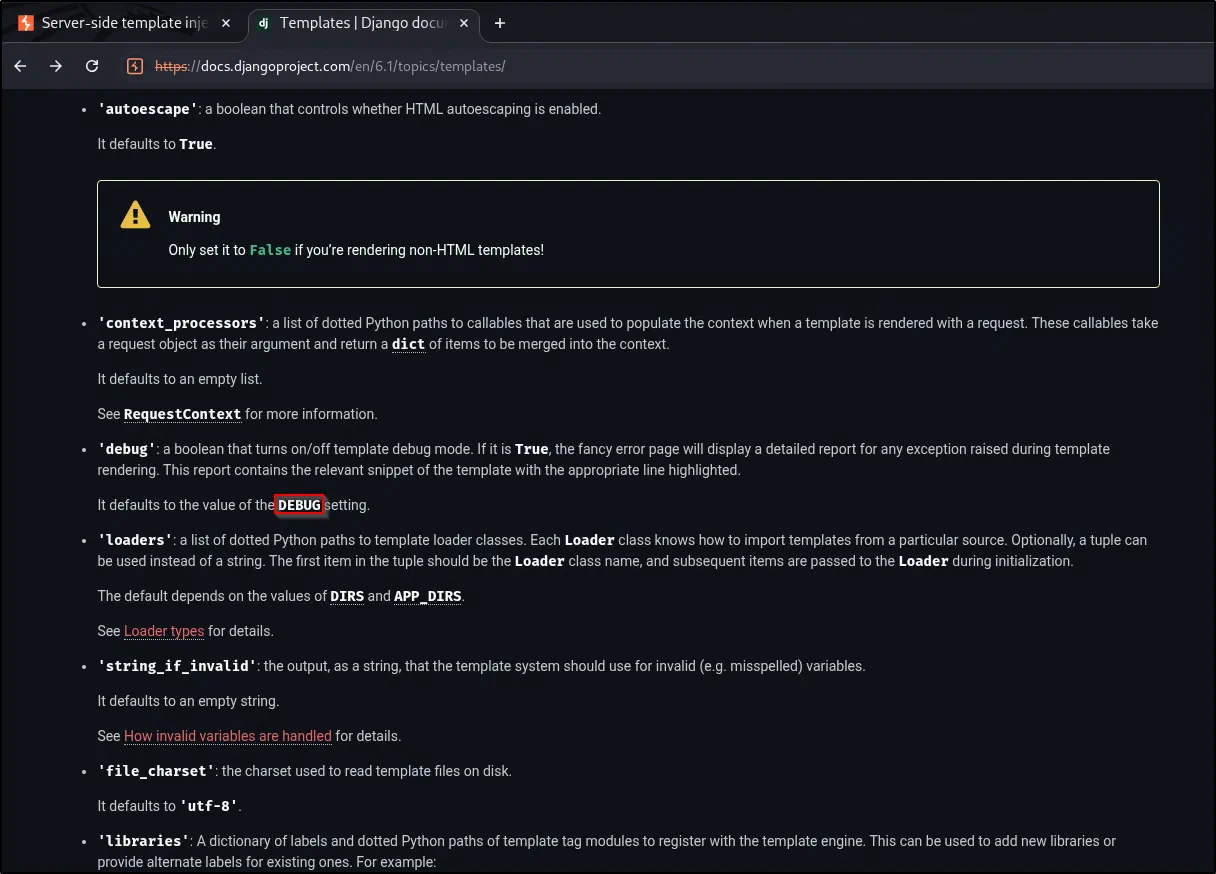 Django docs describing debug mode