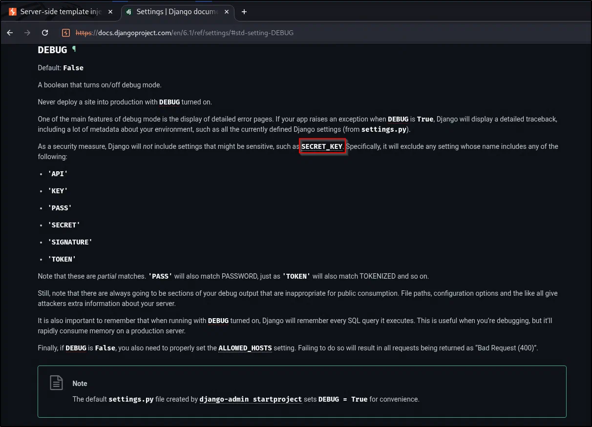 Django settings docs noting SECRET_KEY is excluded from debug output