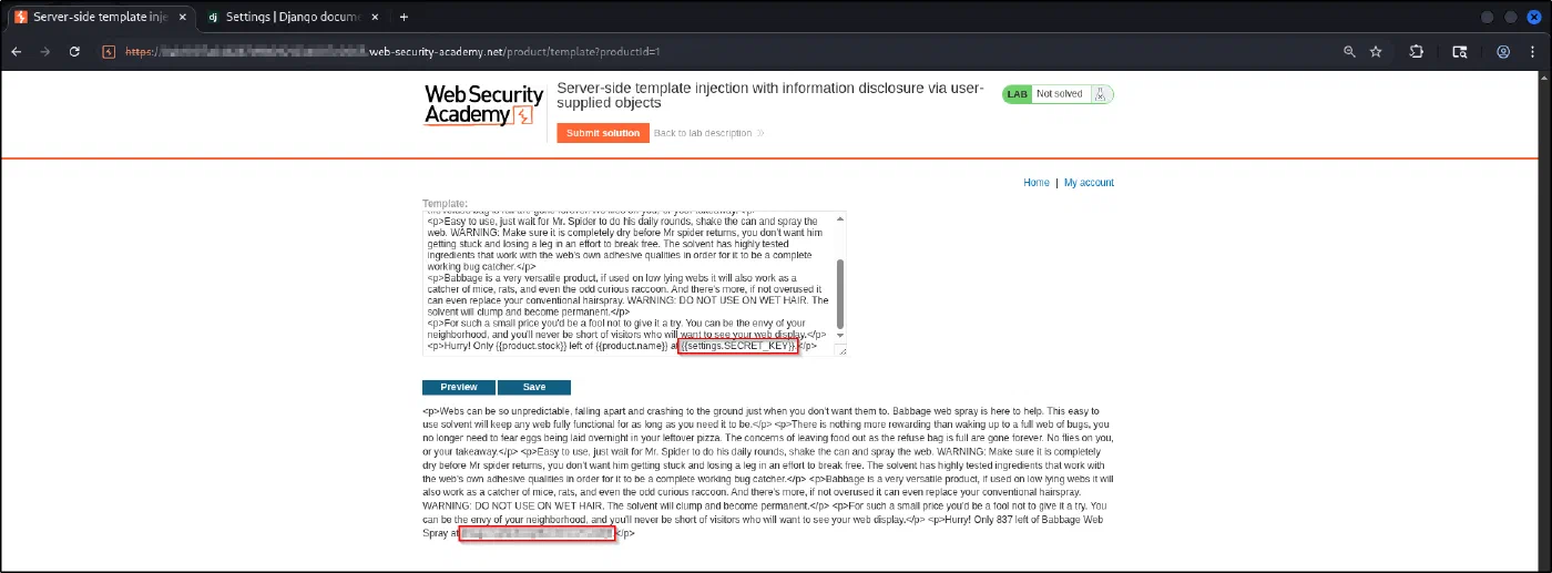 The rendered template leaking Django's SECRET_KEY