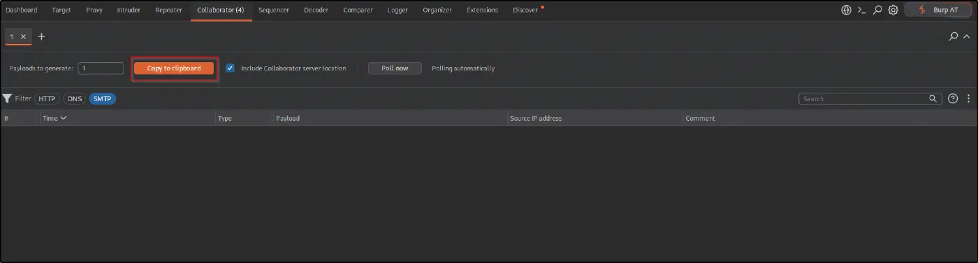 The Burp Collaborator tab with Copy to clipboard highlighted