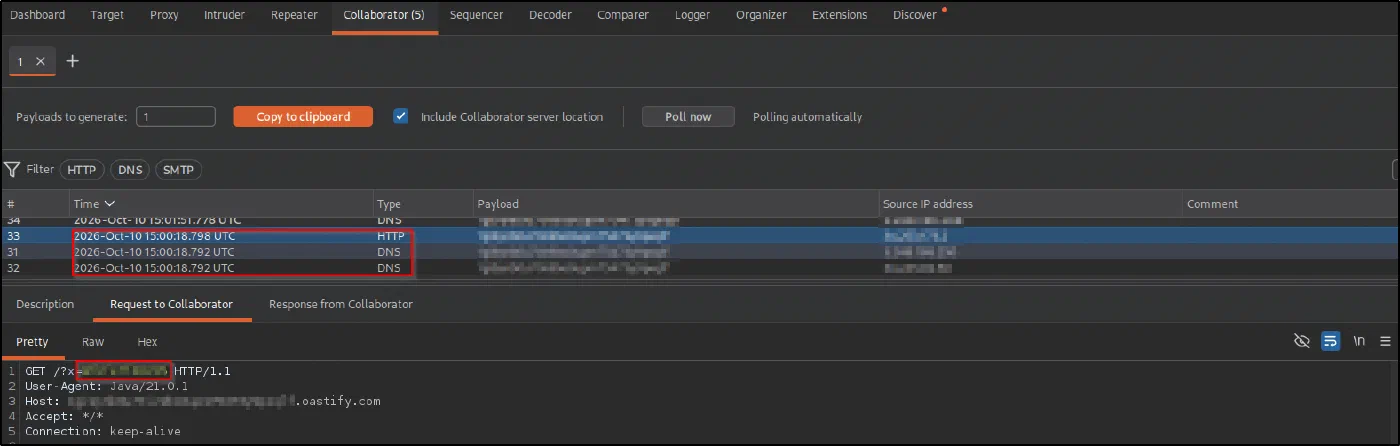 The Collaborator tab showing DNS and HTTP interactions, with the HTTP request GET /?x= from a Java client