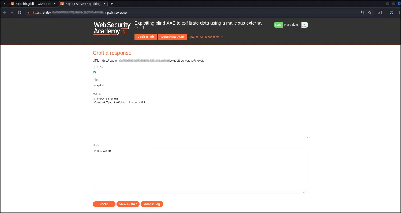 The exploit server Craft a response form with File /exploit and a default body