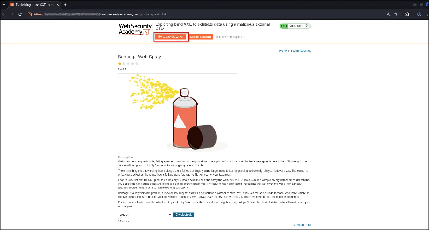 The lab product page with the Go to exploit server button