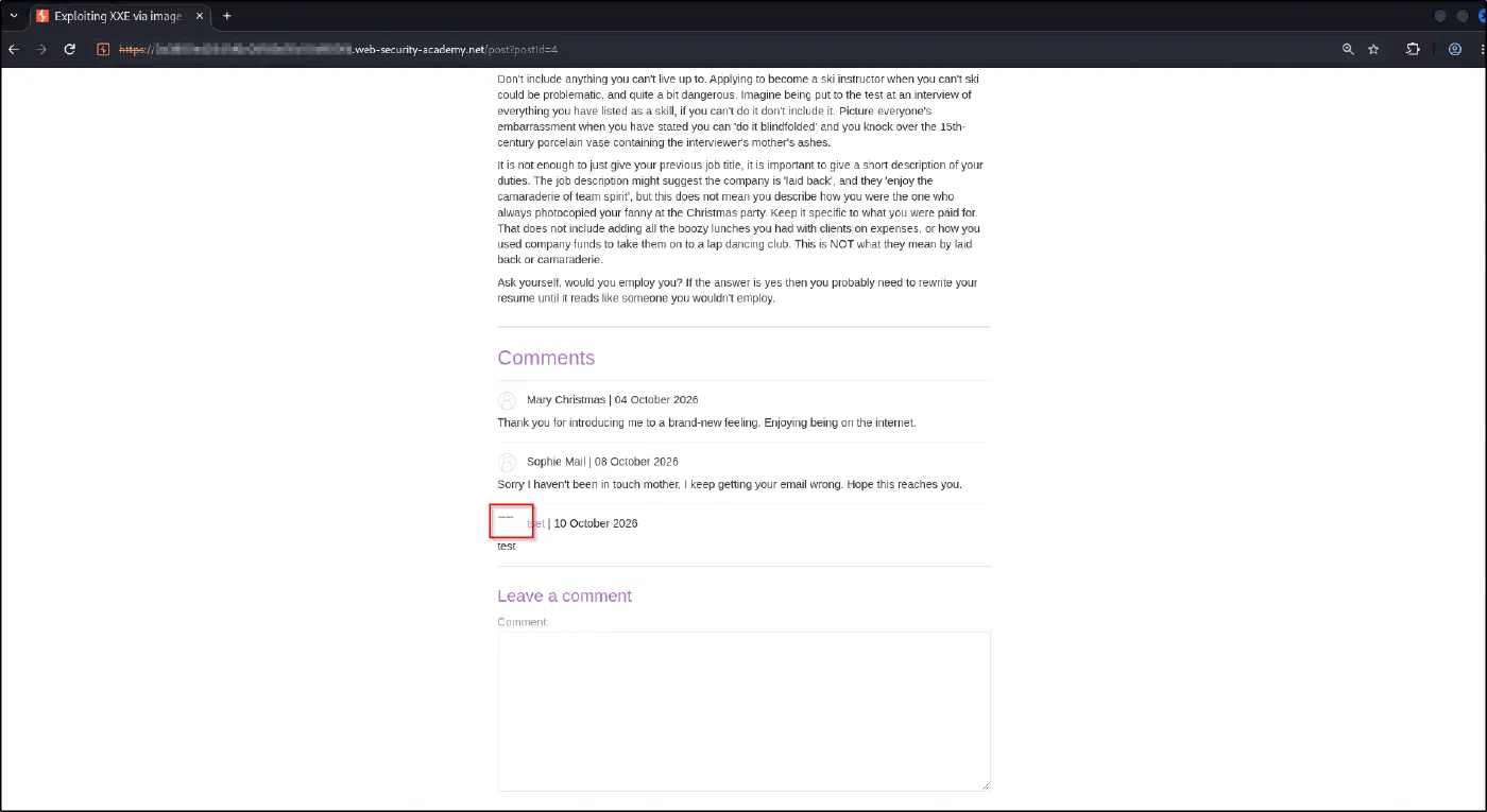 The posted comment showing a small avatar rendered from the malicious SVG
