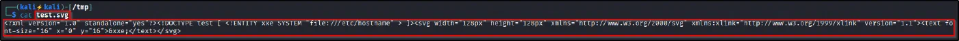 A terminal showing cat test.svg with the SVG containing the XXE DOCTYPE and a text element referencing the entity