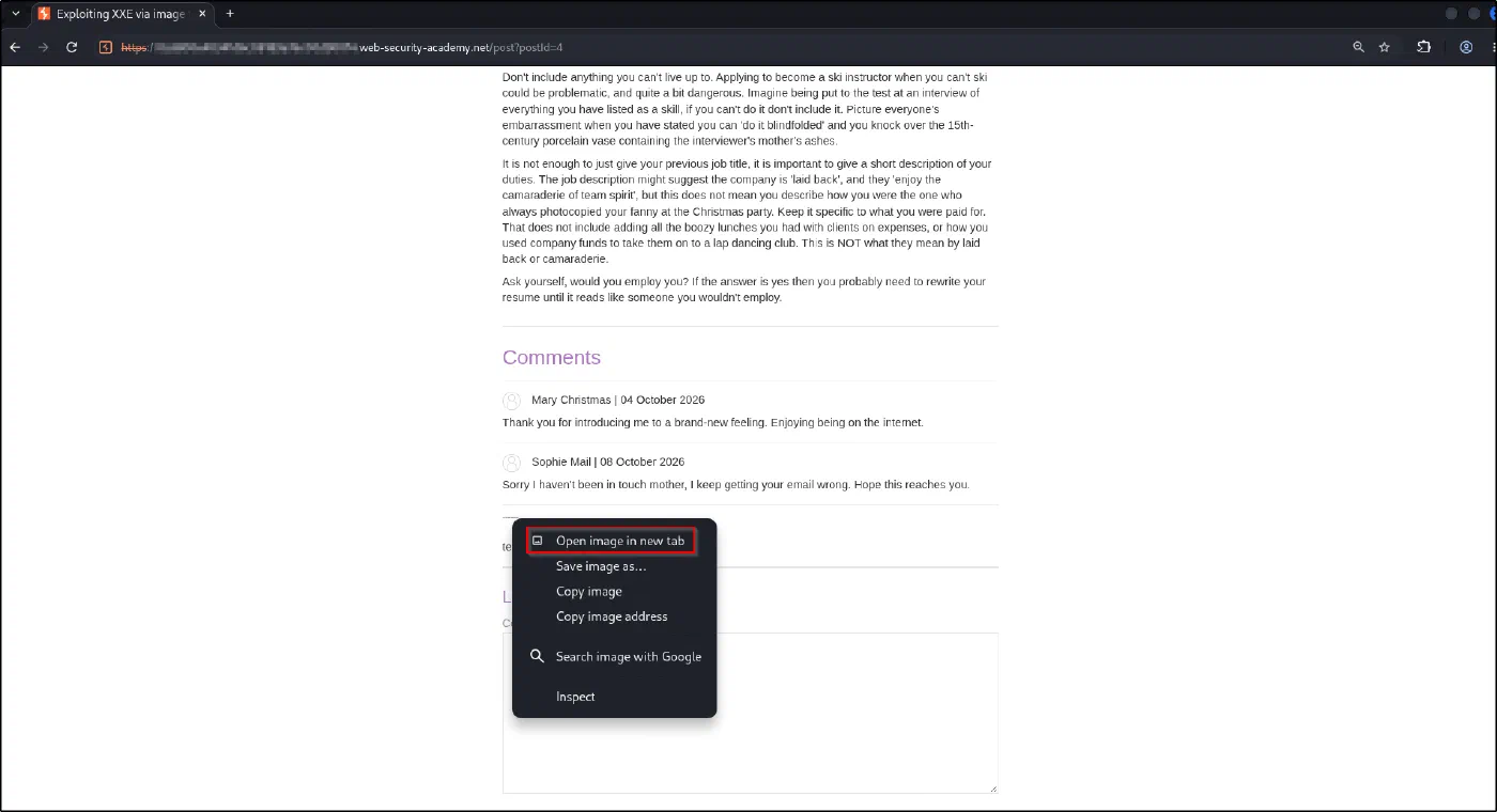 Right-click context menu on the avatar with Open image in new tab highlighted