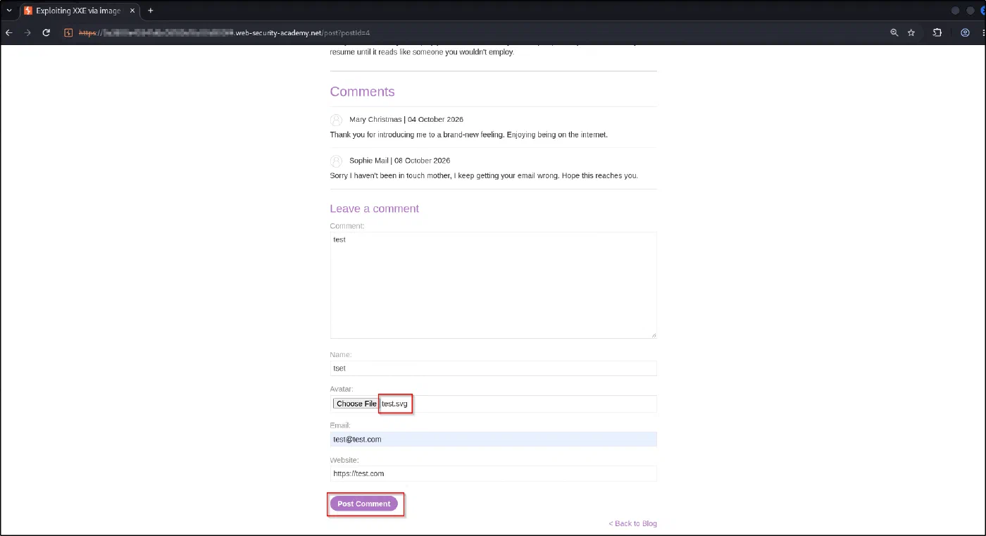 The Leave a comment form with a comment, name, the test.svg avatar selected, and the Post Comment button