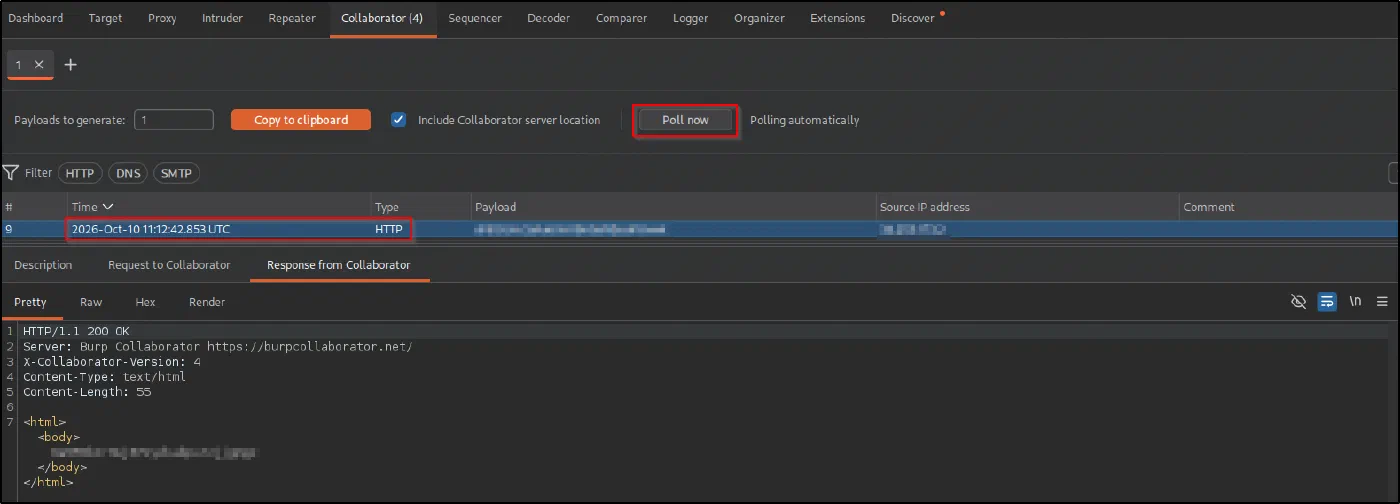 The Collaborator tab after Poll now, showing an HTTP interaction received from the target