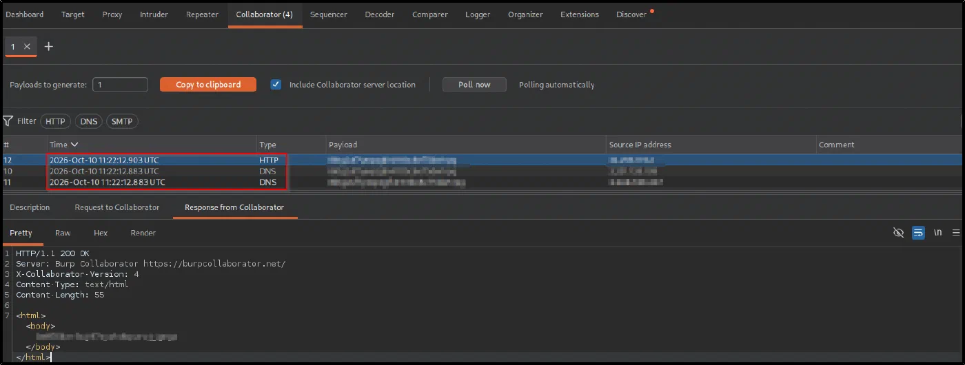 The Collaborator tab after Poll now showing DNS and HTTP interactions received from the target