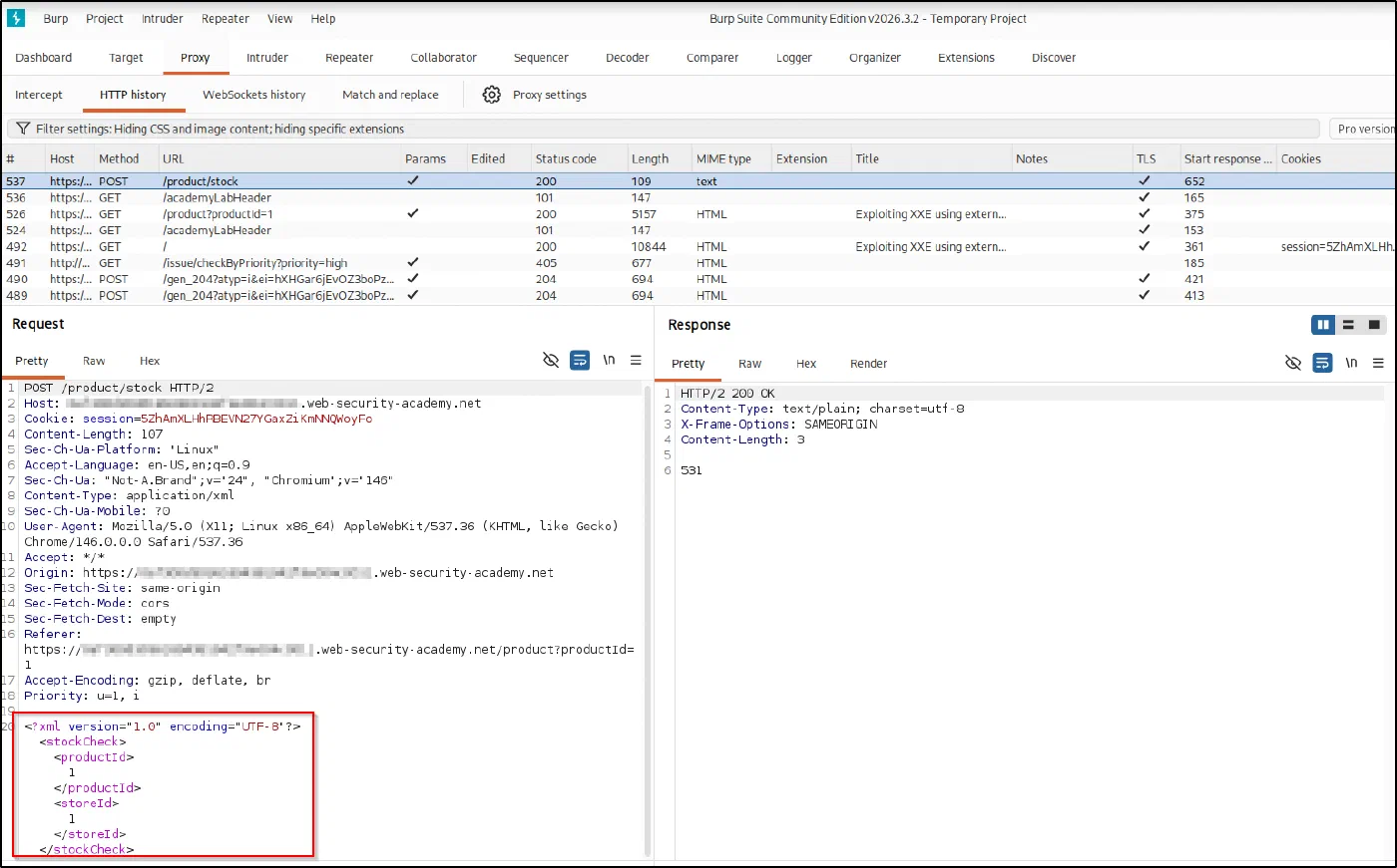 Burp showing the POST /product/stock request with an XML stockCheck body and a 531 response