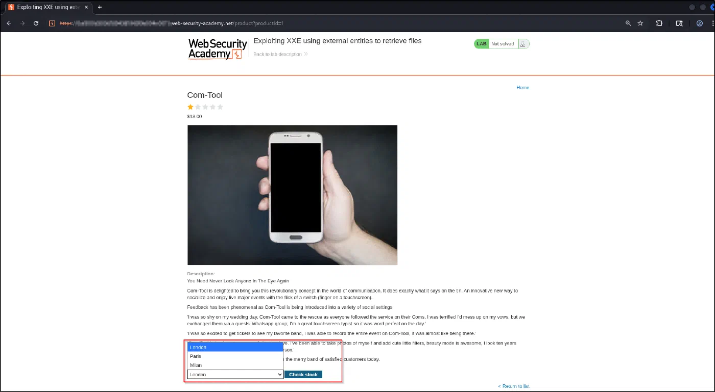 The Com-Tool product page with a store dropdown and Check stock button