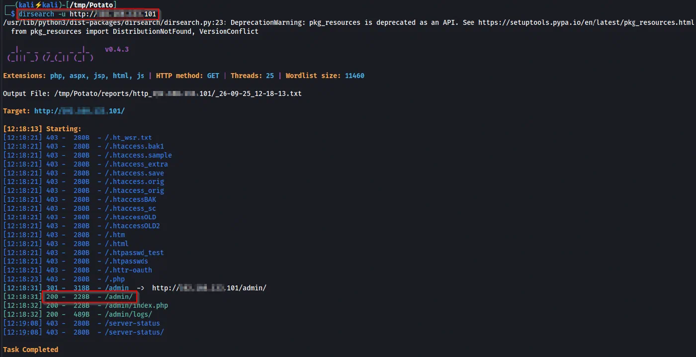 dirsearch reveals /admin/, /admin/index.php, and /admin/logs/.