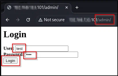 The admin login form at /admin/.