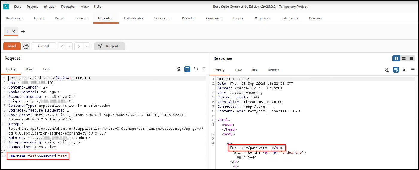 Normal credentials (username=test&password=test) return "Bad user/password!".
