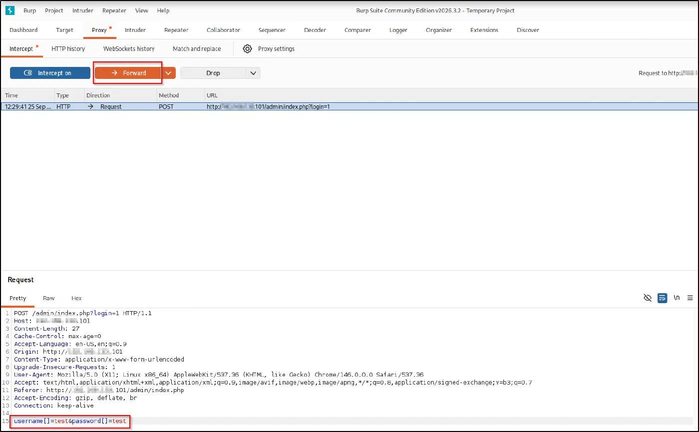 Forwarding the array-parameter login request through the Proxy to authenticate the browser session.