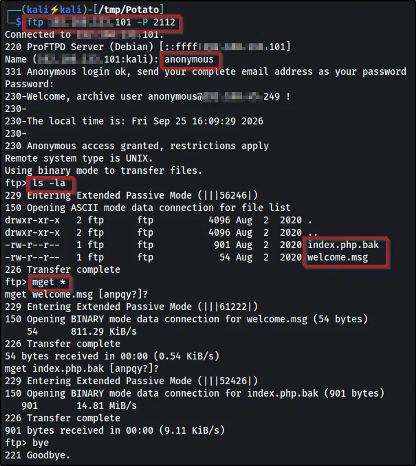 Anonymous FTP login, directory listing, and mget downloading index.php.bak and welcome.msg.