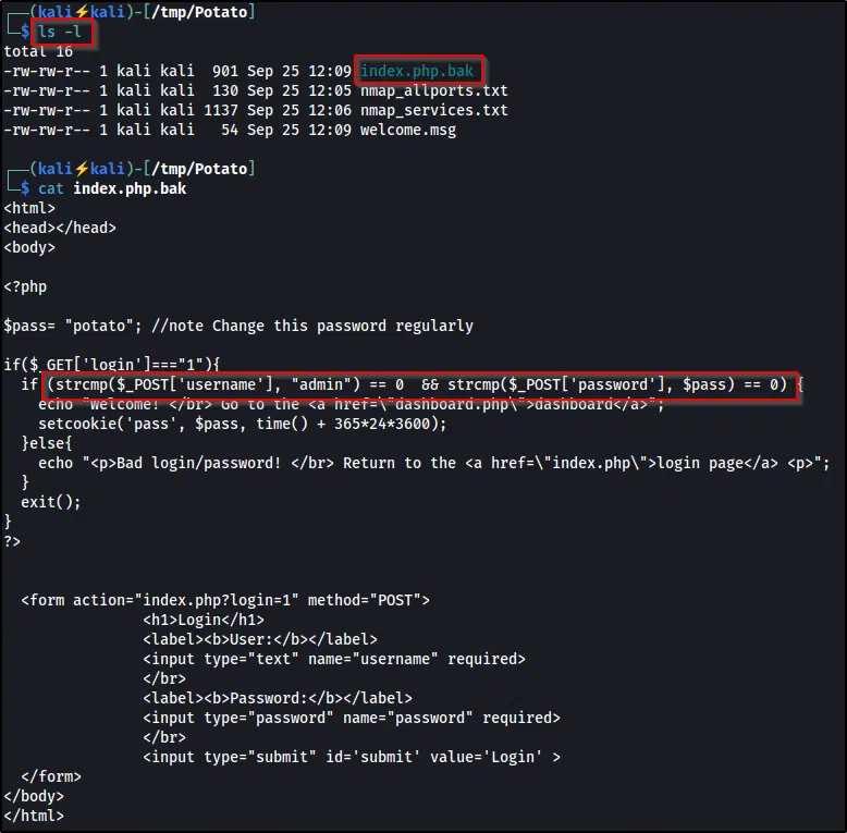 index.php.bak: a hardcoded $pass = "potato" and the loose-comparison strcmp() authentication check.