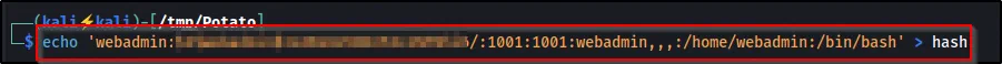 Saving the webadmin passwd entry (with its inline hash) to a file for cracking.