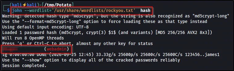 John identifies the hash as md5crypt ($1$) and recovers the webadmin password from rockyou.txt.