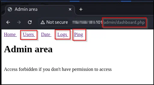 The admin dashboard (dashboard.php). Users, Ping, and Logs are the interesting tabs to investigate.