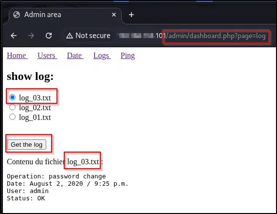 The Logs tab (dashboard.php?page=log) displaying log_03.txt via a file selector.