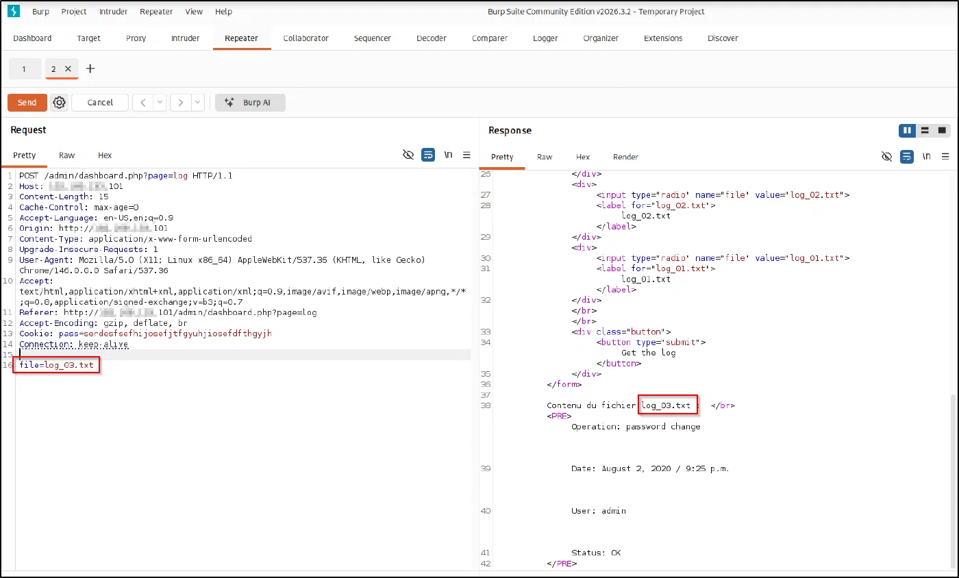 In Repeater: the Logs page reads whatever the file parameter points to (file=log_03.txt).