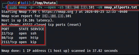 Full TCP port scan: note the non-standard port 2112 open alongside 22 (SSH) and 80 (HTTP), which a default top-ports scan would have missed.