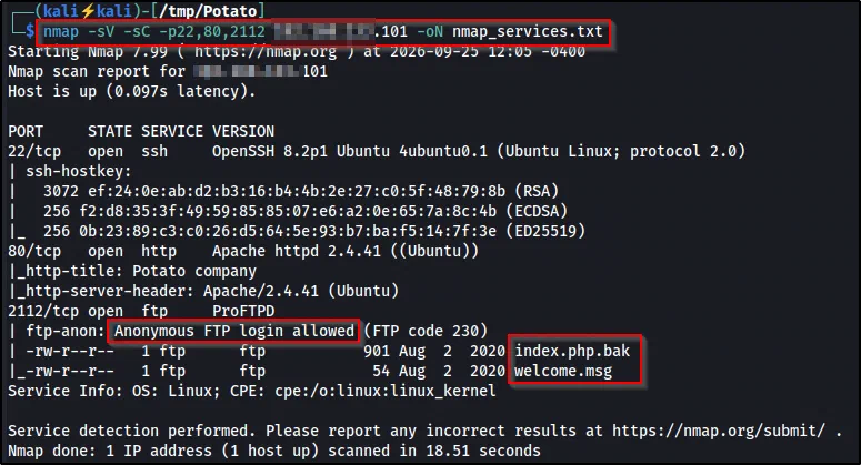 Service scan: OpenSSH 8.2p1, Apache 2.4.41, and ProFTPD on 2112 with anonymous login allowed, exposing index.php.bak and welcome.msg.
