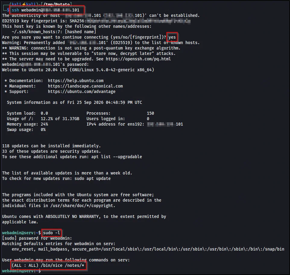 SSH as webadmin; sudo -l reveals the permissive rule (ALL : ALL) /bin/nice /notes/*.