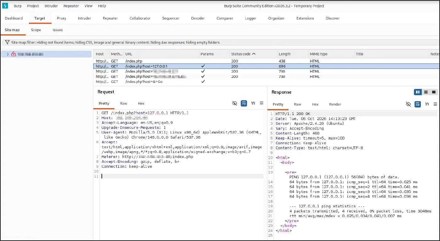 The captured index.php?host=127.0.0.1 request in Burp, ready to send to Repeater