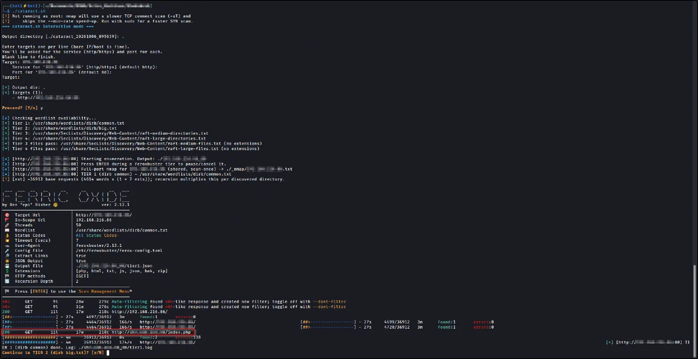 Cataract running feroxbuster tiers with a background nmap scan, finding index.php