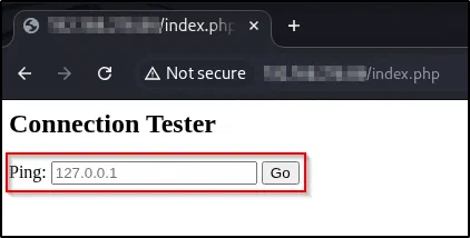 The Connection Tester web page with a Ping input field and a Go button