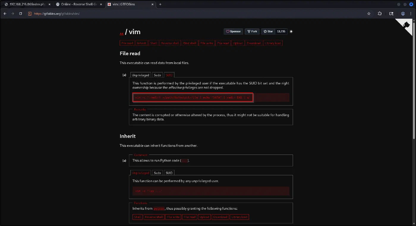 The GTFOBins vim page showing the SUID shell and file-read techniques