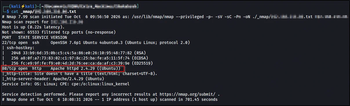 nmap output showing port 22 OpenSSH 7.6p1 and port 80 Apache 2.4.29 on Ubuntu