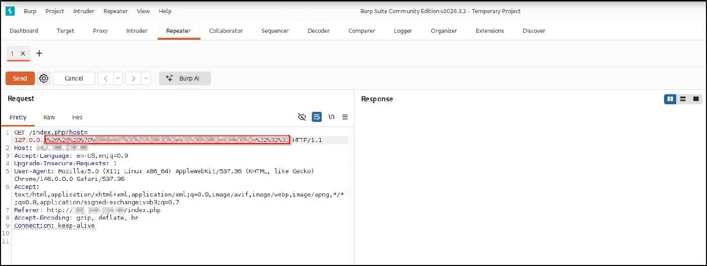 Burp Repeater sending host=127.0.0.1 followed by the URL-encoded && ping payload